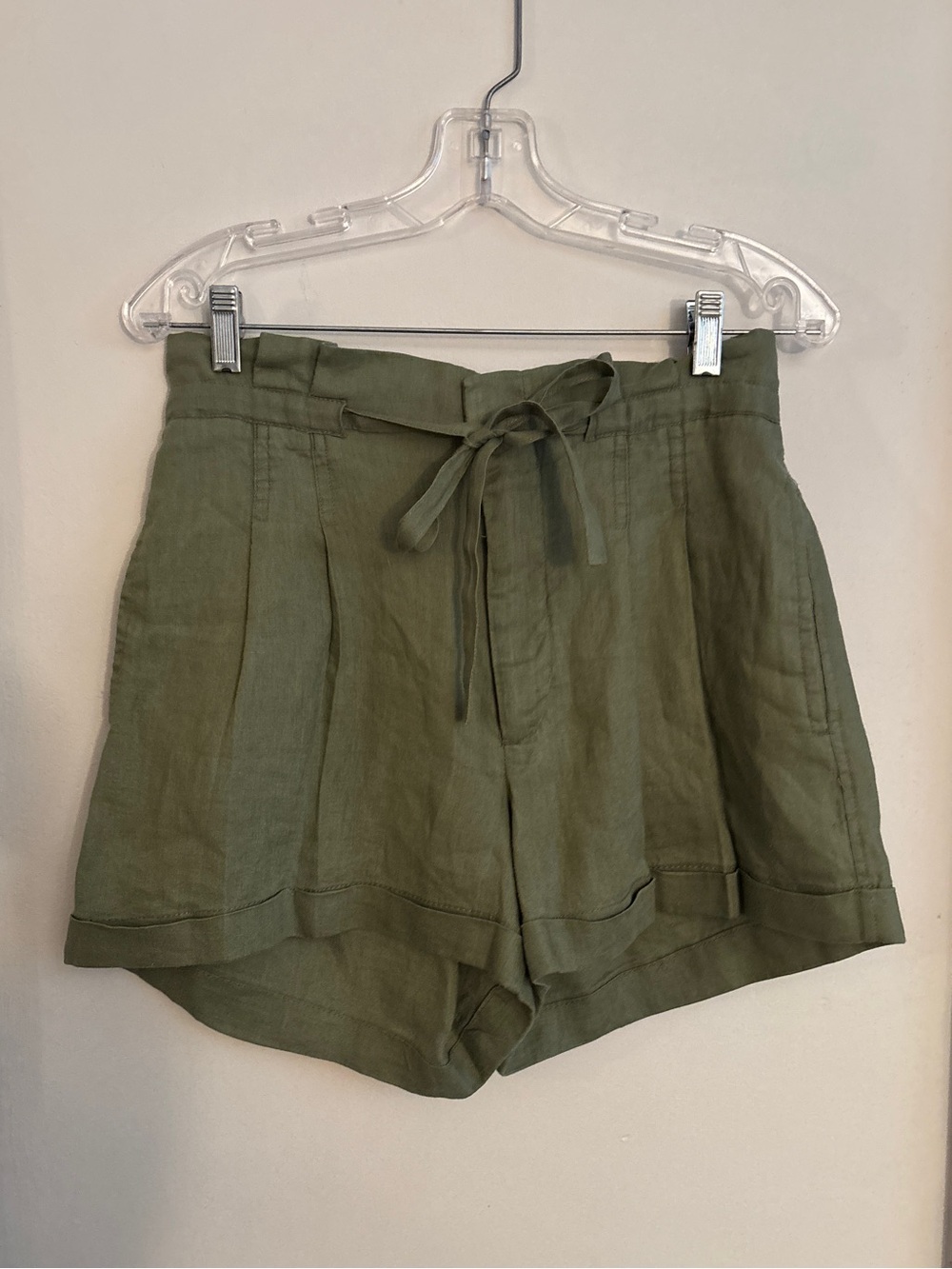 Magaschoni Green Paperbag 100% Linen Waist Utility Shorts Size M Tie
